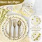 210-piece party supplies set, featuring white and gold dot paper plates, cups, napkins, and heavy-duty silverware. This set is designed to serve 30 guests, making it perfect for birthdays, graduations, weddings, and festivals, adding an elegant touch